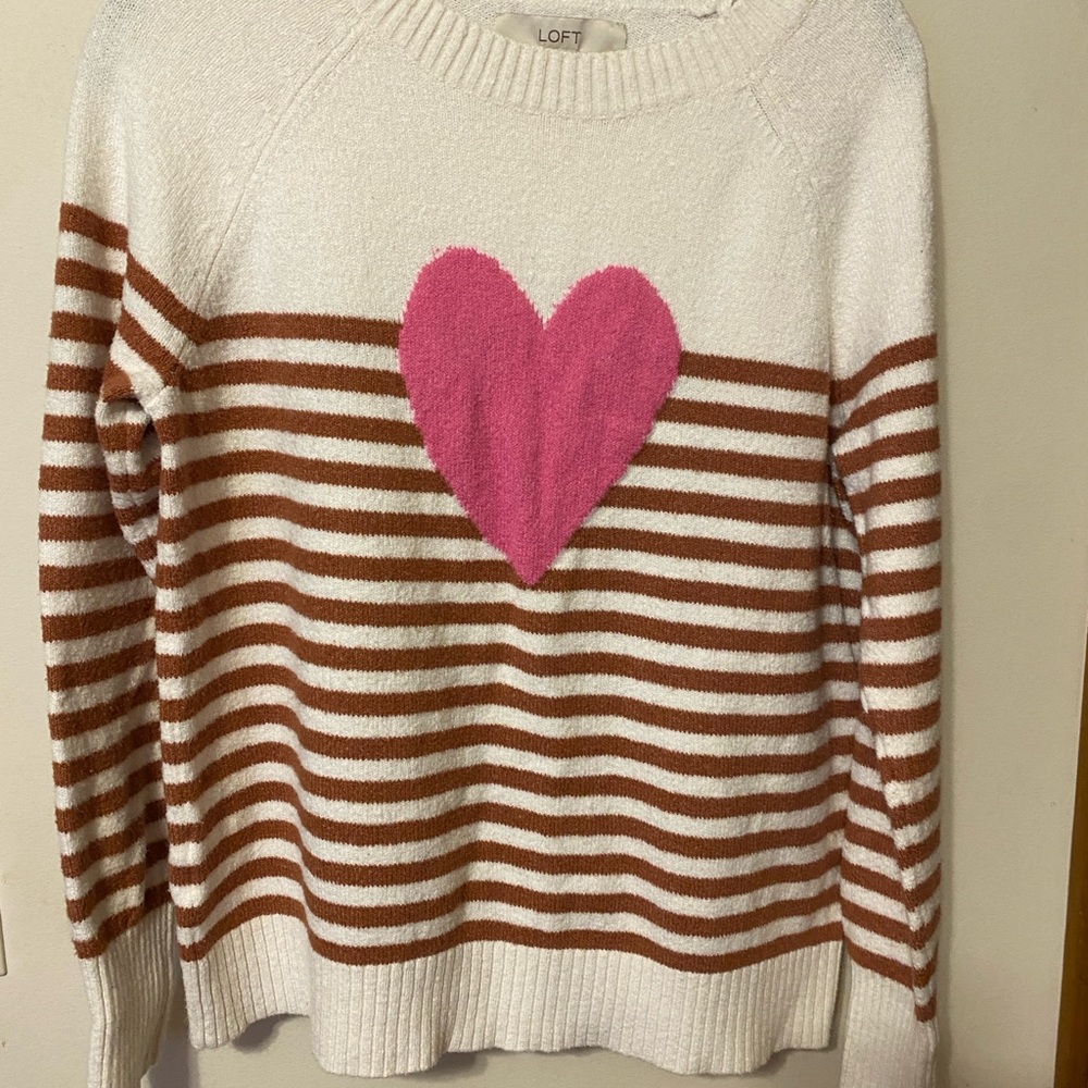 LOFT Women's White and Brown Striped Sweater with Pink Heart
